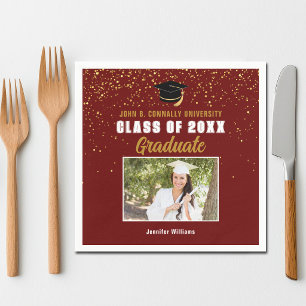 Maroon Gold Graduate Photo Chic Graduation Party Napkin