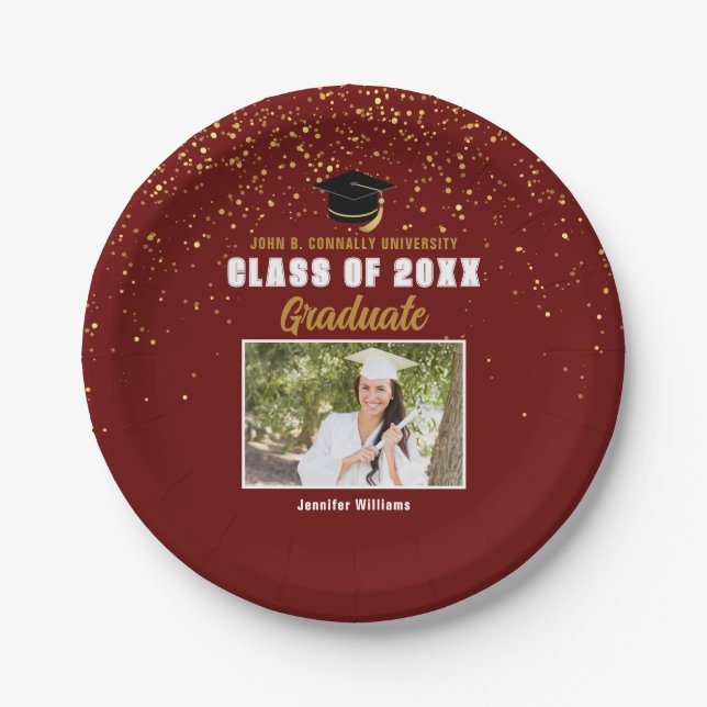 Maroon Gold Graduate Photo Chic Graduation Party Paper Plate (Front)
