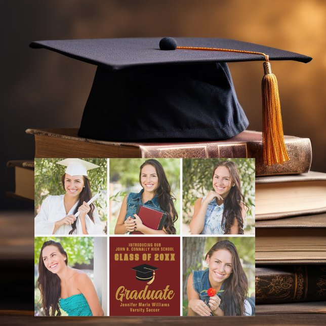 Maroon Gold Graduate Photo Collage Chic Graduation Announcement (Creator Uploaded)