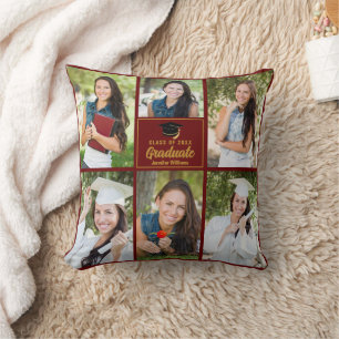 Maroon Gold Graduate Photo Collage Graduation Cushion