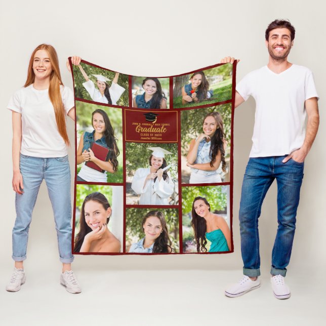 Maroon Gold Graduate Photo Collage Graduation Fleece Blanket (In Situ)