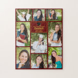Maroon Gold Graduate Photo Collage Graduation Gift Jigsaw Puzzle<br><div class="desc">This modern maroon senior graduate photo collage puzzle features your favourite 9 student photographs. This graduation design features classy gold typography of your high school or college name for the class of 2025. Customise this keepsake gift with your graduating year below the black grad cap. It features 2 horizontal pictures,...</div>
