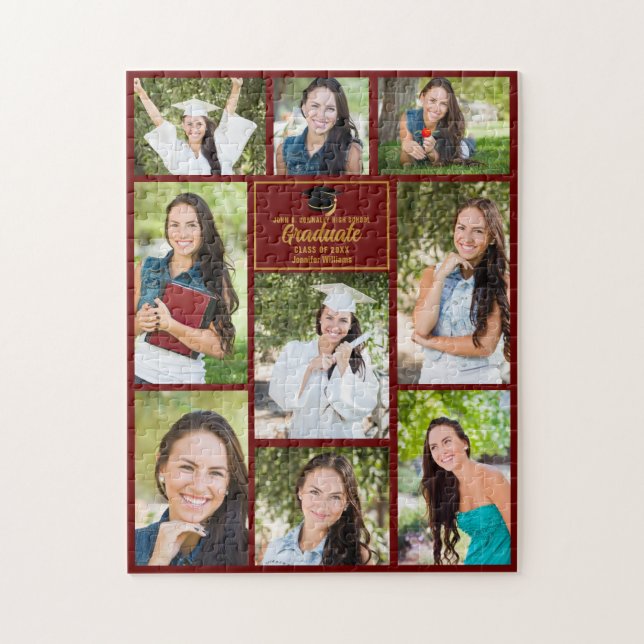 Maroon Gold Graduate Photo Collage Graduation Gift Jigsaw Puzzle (Vertical)