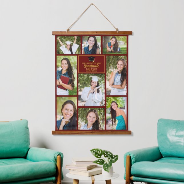 Maroon Gold Graduate Photo Collage Graduation Hanging Tapestry (Living Room)