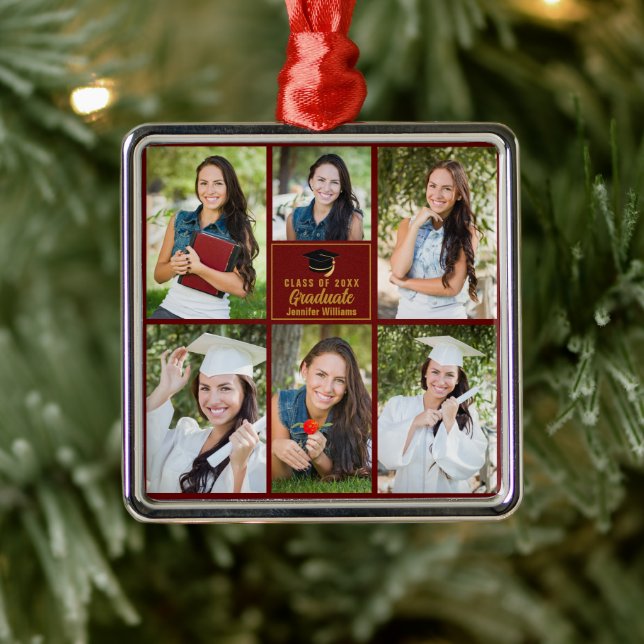 Maroon Gold Graduate Photo Collage Graduation Metal Tree Decoration (Tree)
