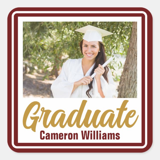 Maroon Gold Graduate Photo Custom Graduation Square Sticker (Front)