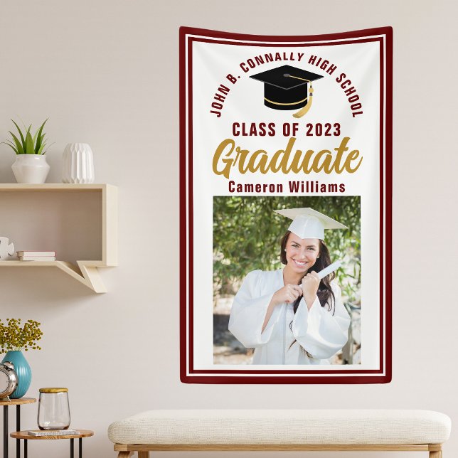 Maroon Gold Graduate Photo Personalised Graduation Banner (Creator Uploaded)