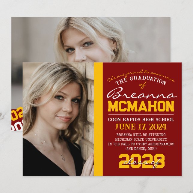 Maroon & Gold Graduation 2 Photo Announcement (Front/Back)