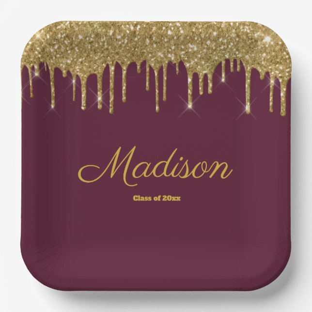 Maroon & Gold Graduation Party Grad Class of 2024 Paper Plate (Front)