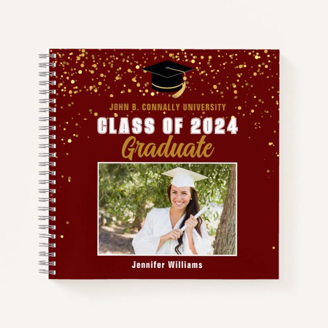 Maroon Gold Graduation Photo Autograph Guest Notebook (Front)