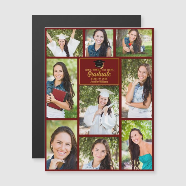 Maroon Gold Graduation Photo Collage Magnet Card (Front/Back)