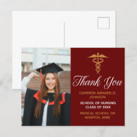 Maroon Gold Graduation Photo Medical Thank You