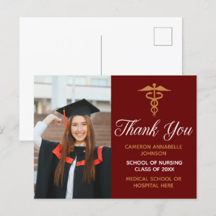 Maroon Gold Graduation Photo Medical Thank You Postcard