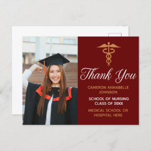 Maroon Gold Graduation Photo Medical Thank You Postcard