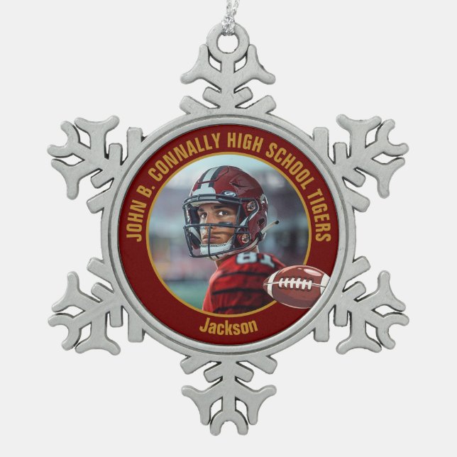 Maroon Gold High School Football Player Photo Snowflake Pewter Christmas Ornament (Front)