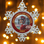 Maroon Gold High School Football Player Photo Snowflake Pewter Christmas Ornament<br><div class="desc">This cool customized high school football player photo Christmas ornament in maroon features gold typography of your team and player name. Personalize with your athlete name next to the ball.</div>
