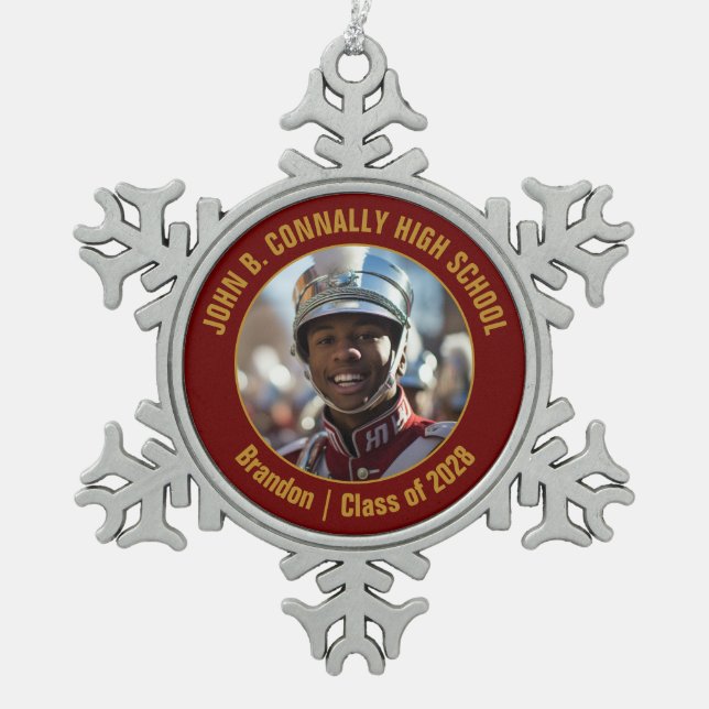 Maroon Gold High School Marching Band Photo Gift Snowflake Pewter Christmas Ornament (Front)