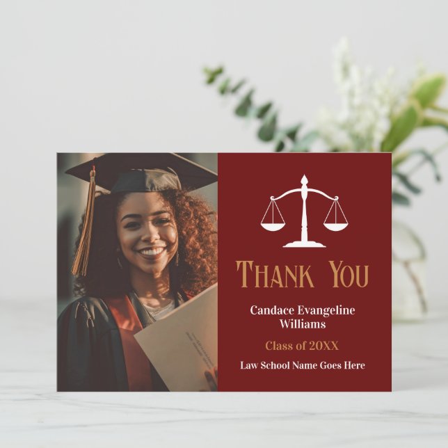 Maroon Gold Law School Graduate Photo Thank You Card (Standing Front)