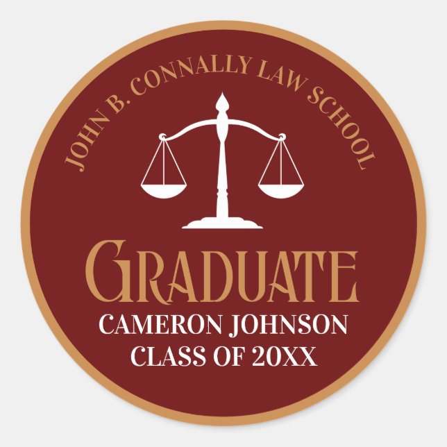 Maroon Gold Law School Graduation Party Classic Round Sticker (Front)
