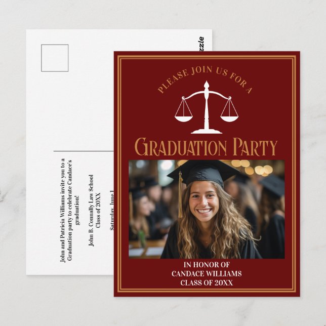 Maroon Gold Law School Graduation Party Invitation Postcard (Front/Back)