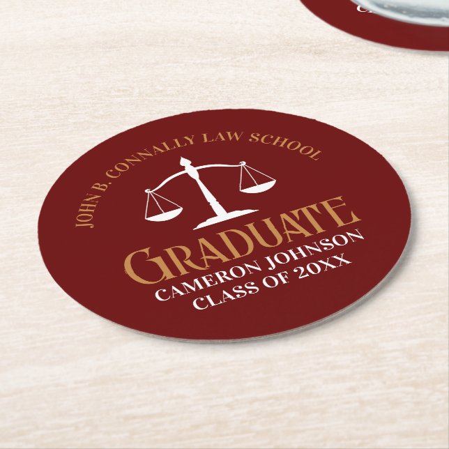 Maroon Gold Law School Graduation Party Round Paper Coaster (Angled)