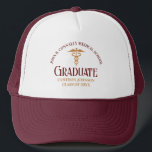Maroon Gold Medical School Graduate Customisable Trucker Hat<br><div class="desc">This maroon and gold custom medical school graduation hat gift features modern typography for a class of 2024 graduate. Customise with your graduating year under the caduceus for great personalised nurse or doctor keepsake for a graduating physician.</div>