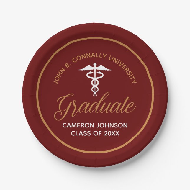 Maroon Gold Medical School Graduation Party Paper Plate (Front)