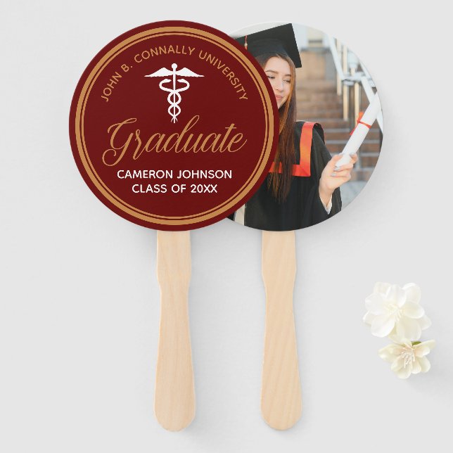 Maroon Gold Medical School Graduation Photo Hand Fan (Front and Back)
