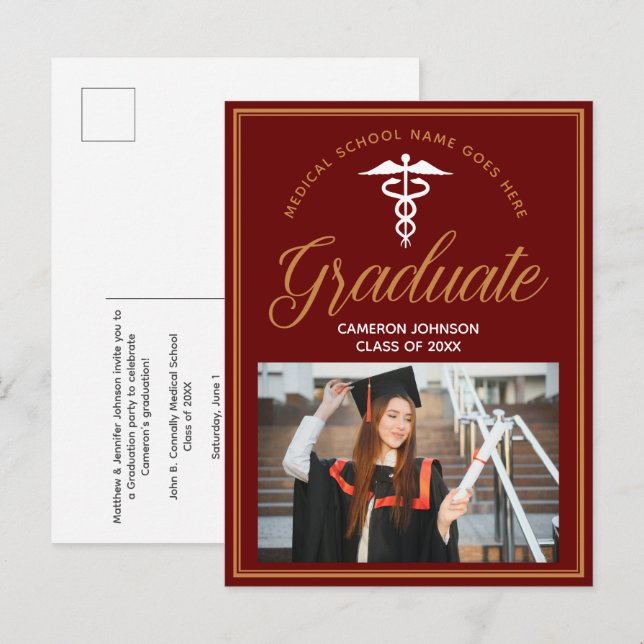 Maroon Gold Medical School Photo Graduation Party Announcement Postcard (Front/Back)