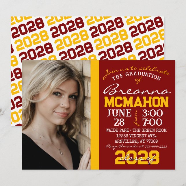 Maroon & Gold Modern Graduation Photo Invitation (Front/Back)