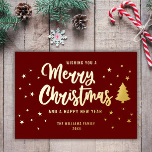 Maroon Gold Non Photo Family Name Merry Christmas Foil Holiday Card