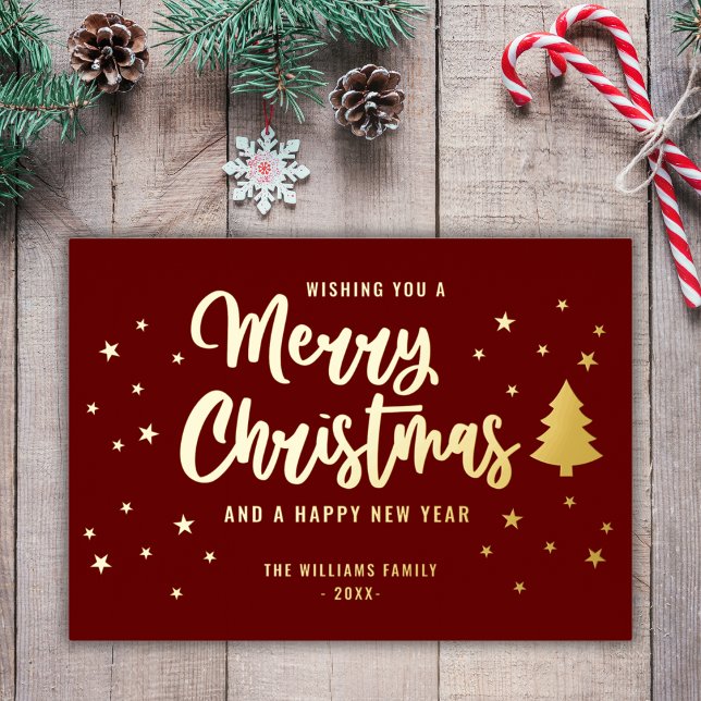 Maroon Gold Non Photo Family Name Merry Christmas Foil Holiday Card (Creator Uploaded)