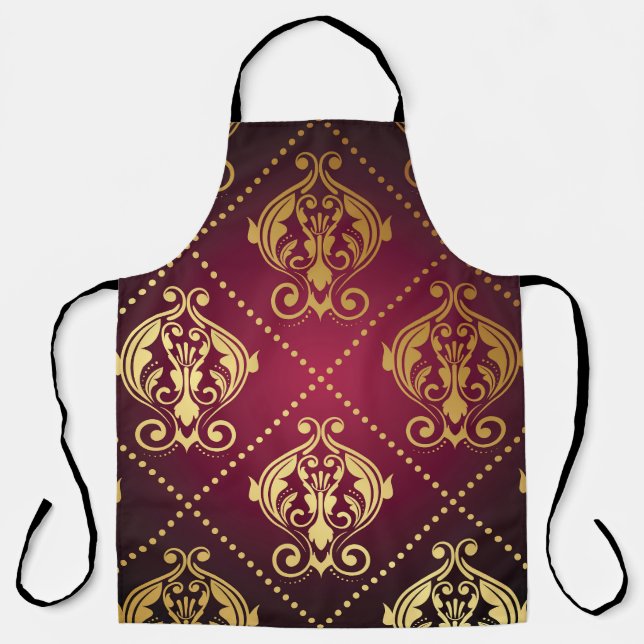Maroon Gold Ornament Vintage Wallpaper Apron (Front)
