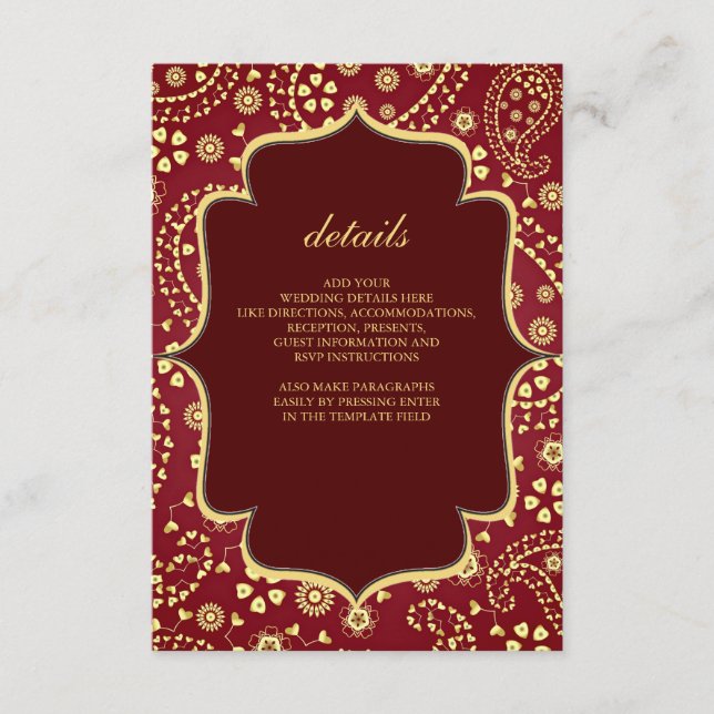 Maroon Gold Paisley Bollywood Style Indian Wedding Enclosure Card (Front)