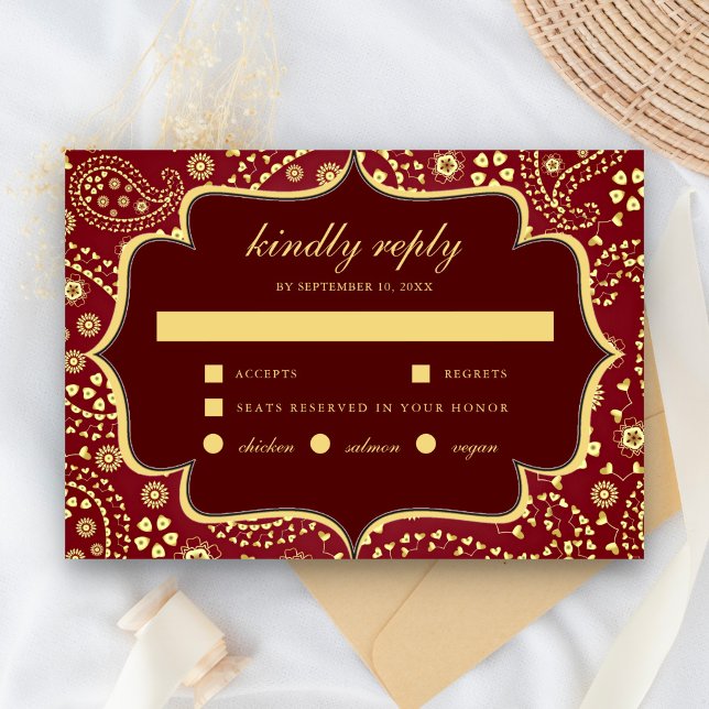 Maroon Gold Paisley Bollywood Style Indian Wedding RSVP Card (Creator Uploaded)