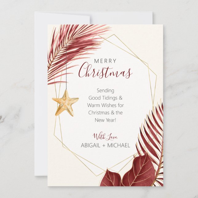 Maroon & Gold Palm Tree Tropical Beach Christmas Holiday Card (Front)