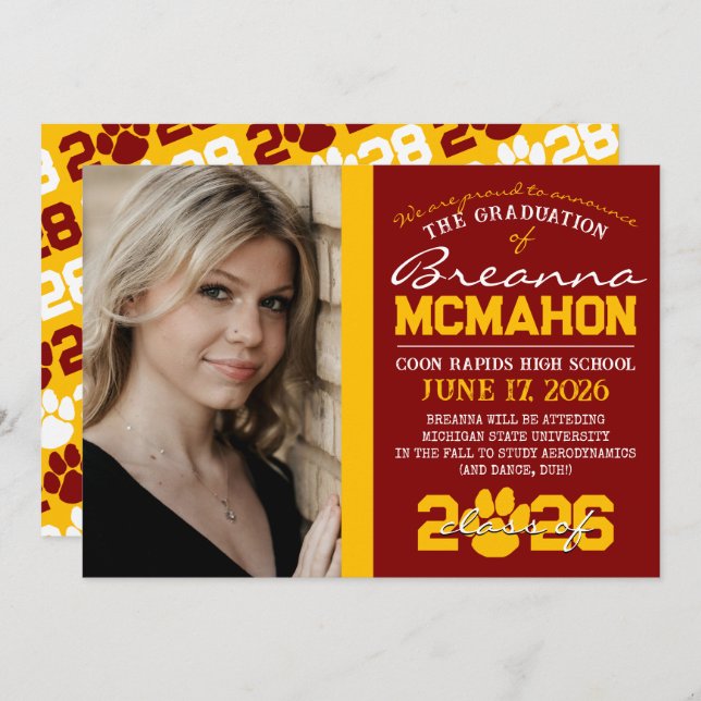 Maroon & Gold Paw Print Graduation Announcement (Front/Back)