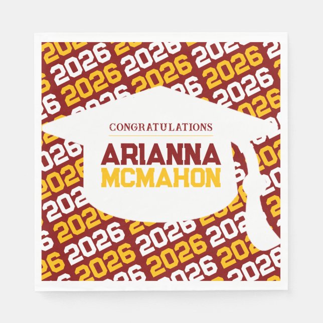Maroon & Gold Personalised Graduation Cap Paper Napkin (Front)