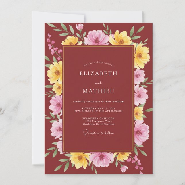 Maroon Gold Poppy Wedding Invitation (Front)