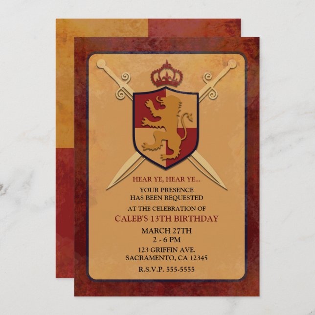Maroon & Gold Royal Knight Griffin Shield Party Invitation (Front/Back)