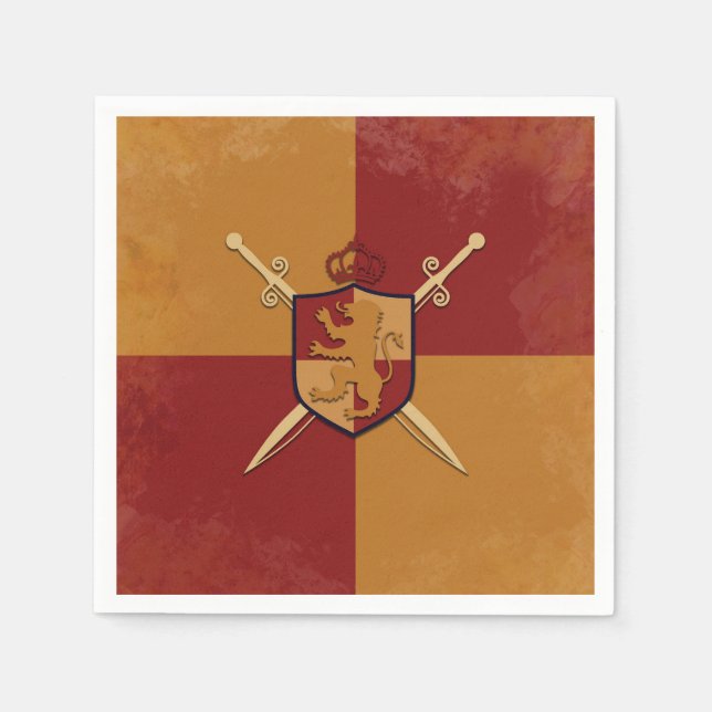 Maroon & Gold Royal Knight Griffin Shield Party Napkin (Front)