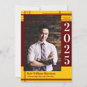 Maroon Gold School Colour Graduation Photo Plaid Invitation
