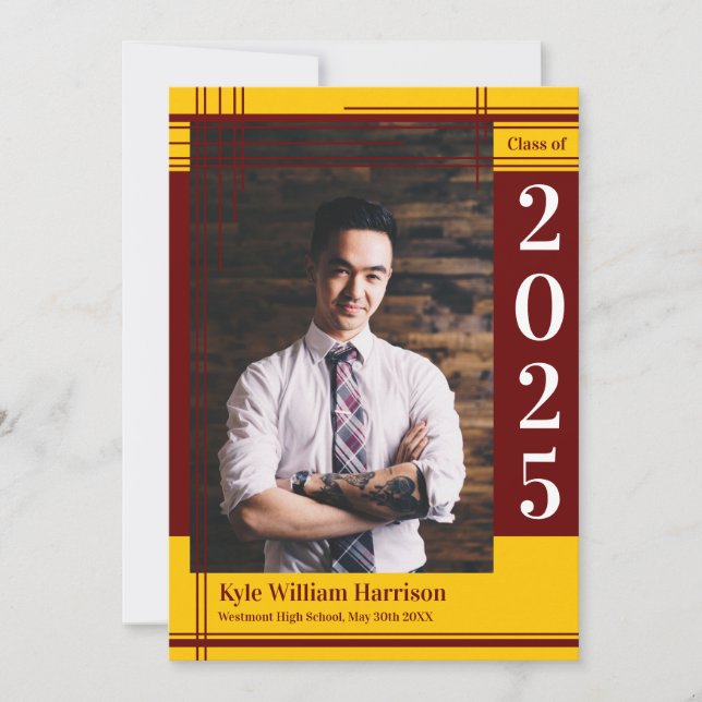 Maroon Gold School Colour Graduation Photo Plaid Invitation (Front)