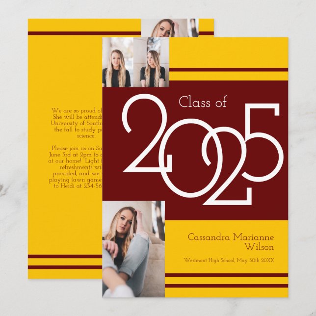 Maroon Gold School Colours Graduation Announcement (Front/Back)