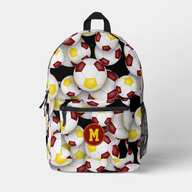 maroon gold soccer balls pattern monogrammed printed backpack (Front)