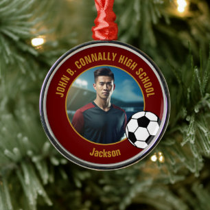 Maroon Gold Soccer Player Photo Christmas Metal Tree Decoration