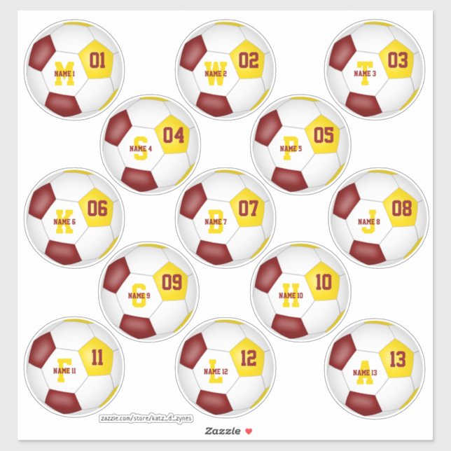 Maroon gold soccer team colours kids set of 13 (Sheet)