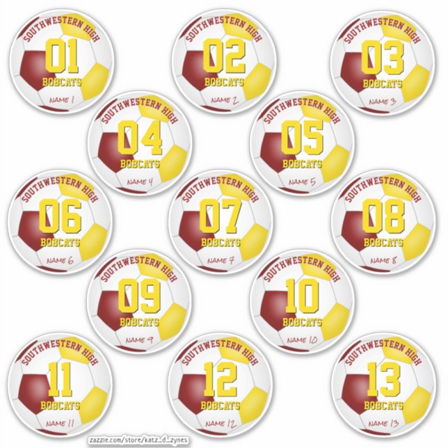 Maroon gold soccer team gift ideas set of 13 (Front)