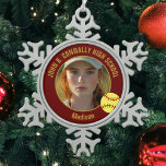 Maroon Gold Softball Player Photo High School Snowflake Pewter Christmas Ornament<br><div class="desc">This cool customized high school softball player photo gift features gold typography of your team and player name on a snowflake Christmas ornament with a ball on a maroon background. Personalize with your student's photograph and class year as a proud sports parent.</div>