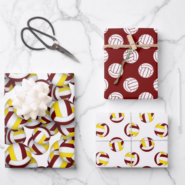 Maroon gold sports coordinating colours volleyball wrapping paper sheet (Front)